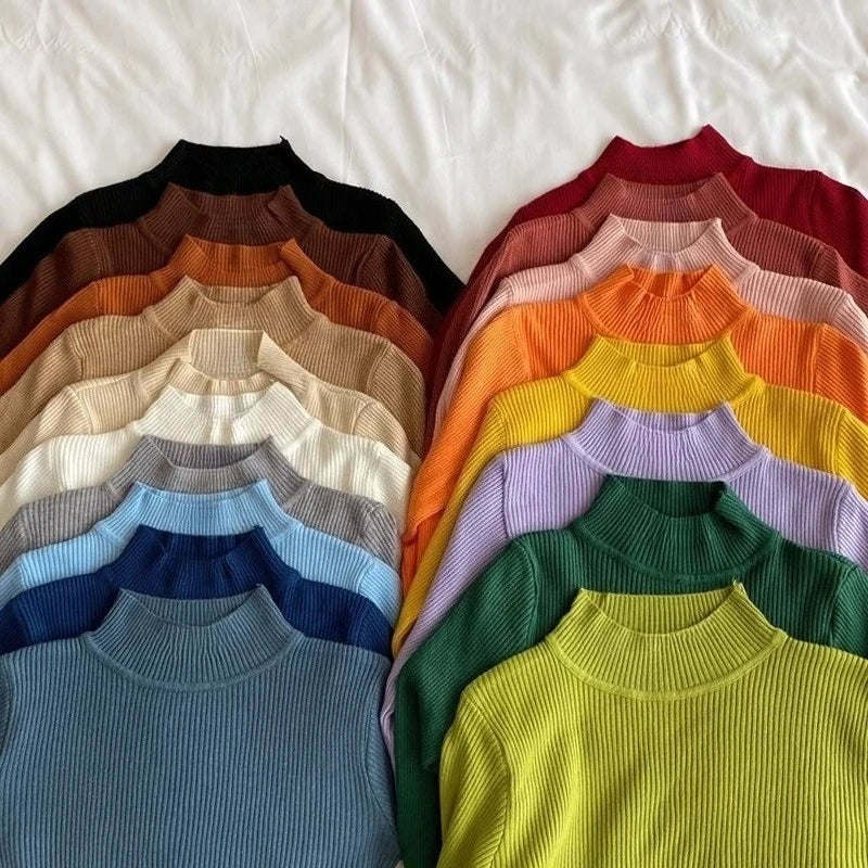 2026 Warm Knitted Turtleneck Sweater Women Autumn Winter Solid Color Strip Top Korean Style Long Sleeves Versatile Pullover