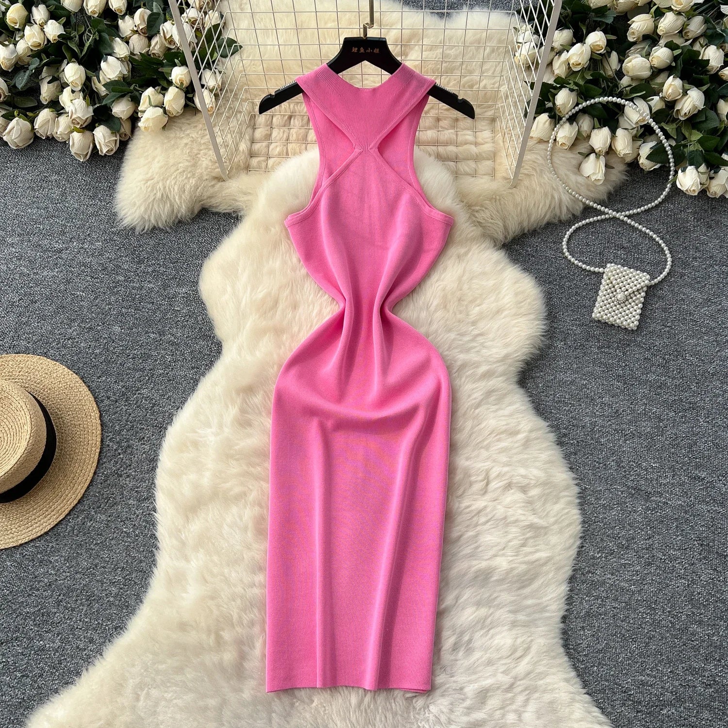 Hollow Out Sexy Halter Summer Dress Solid Elastic Deisgn Sleeveless Sundress Slim Bodycon Basics Knitted Dress Cloth For Woman