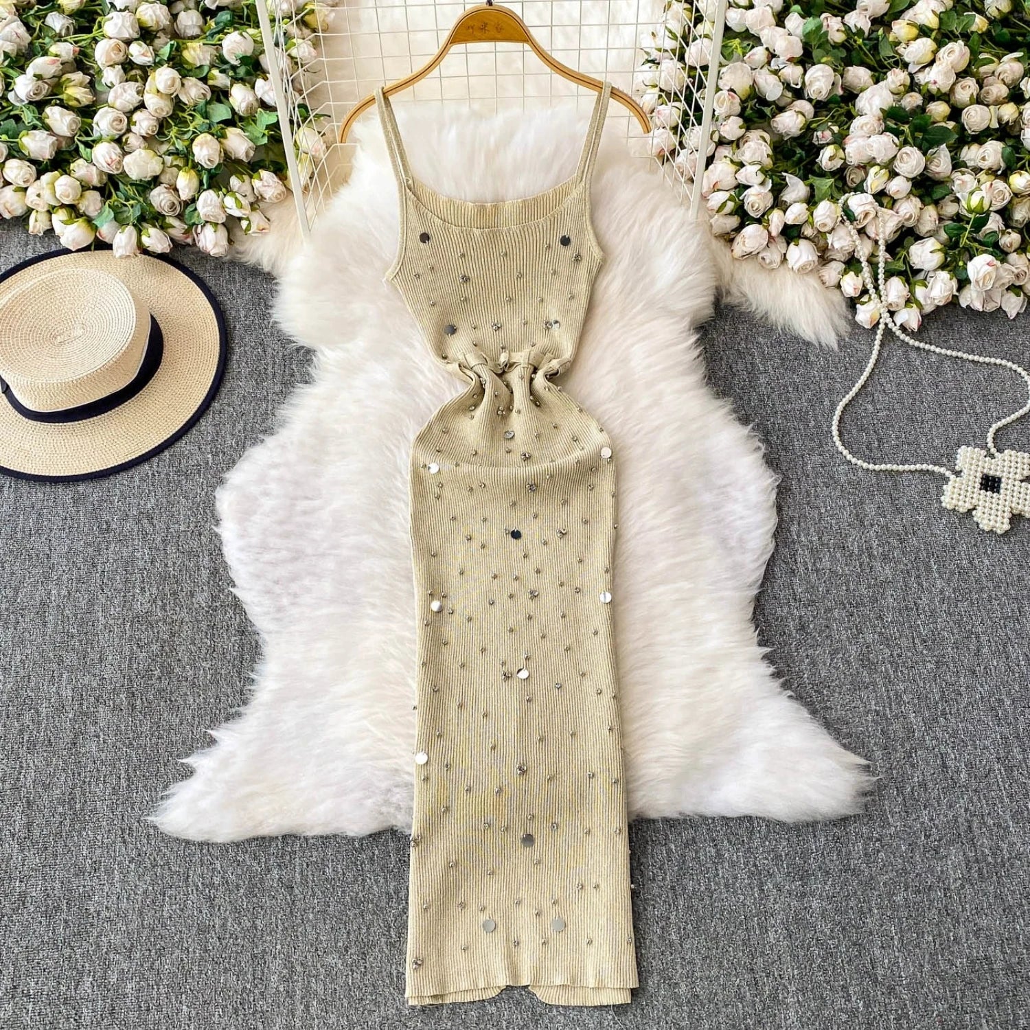 2026 New Summer Women Sleeveless Elastic Knitted Strap Dress Sequins Beading Decoration Bandage Waist Bodycon Wrap Long Dress