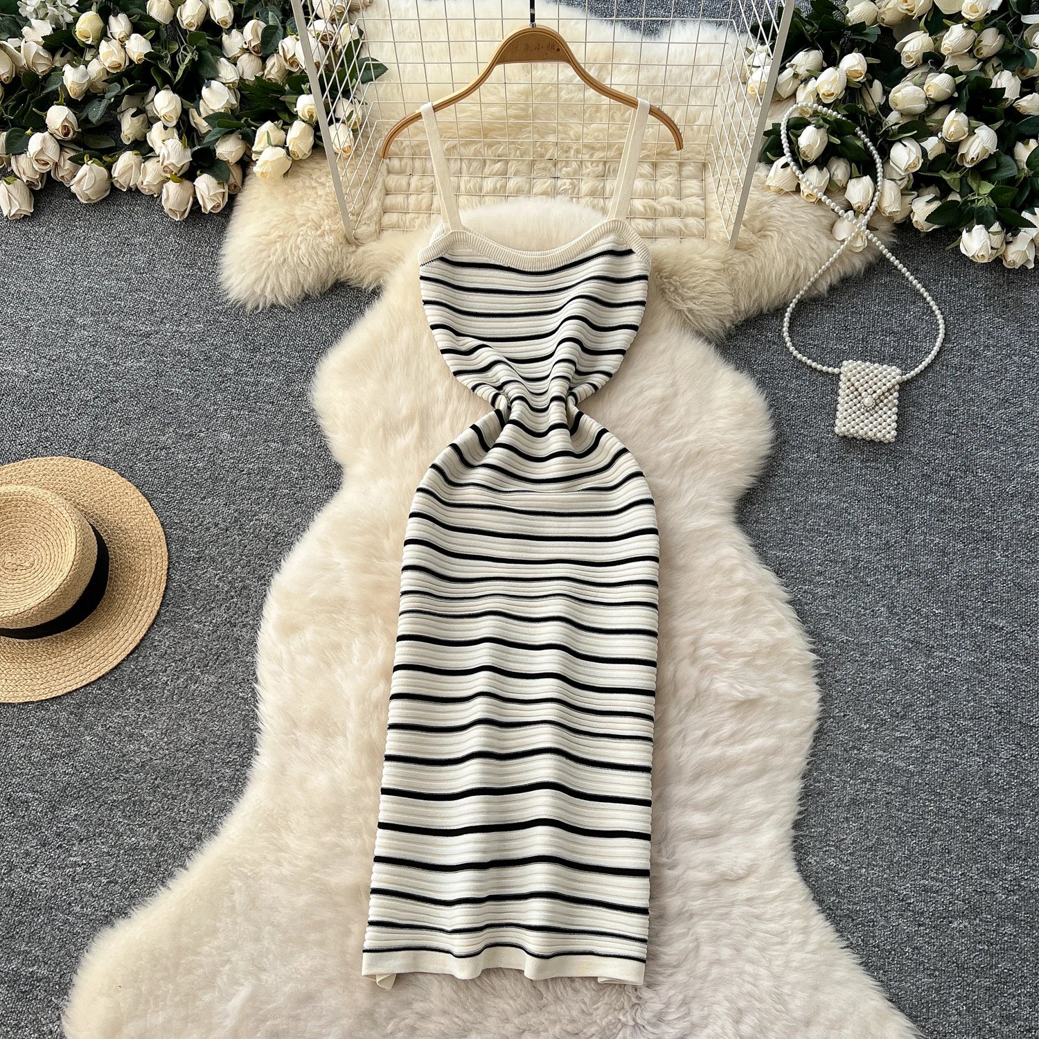 Women Dress 2025 Summer Elastic Spaghetti Straps Ripple Knitted Maxi Dress Streetwear Lady Sexy Package Hips Vestidos Outfits