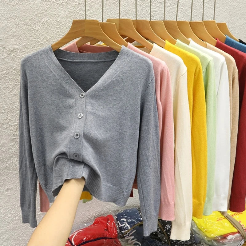 2026 New Korean Style V-neck Knitted Cardigan Autumn New Black Wearing Outside Sweater Solid Color Long Sleeved Casual Tops