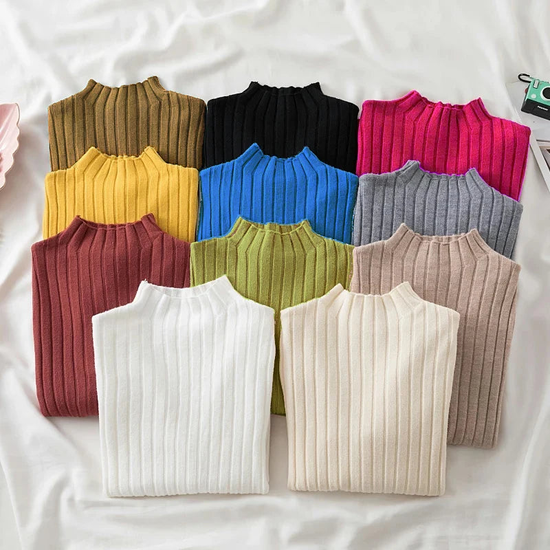 2026 Women Pullover Ribbed Knitted Sweater Autumn Winter Pullovers Turtleneck Long Sleeve Slim Basic Solid Female Sweaters Tops