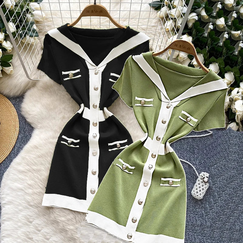 New Summer Frence Retro Knitting Dress Sailor Collar Single Breasted Design Dress Patchwork Chic Women Sweater Short Sundress