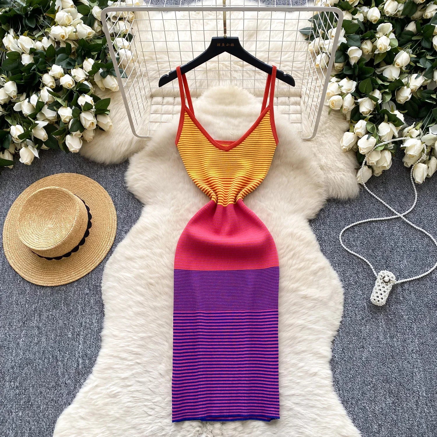 New Knit Beachwear Dress Female V Neck Sleeveless Elastic Sheath Sexy Sundress Striped Vacation Bodycon Dress Cloth for woman