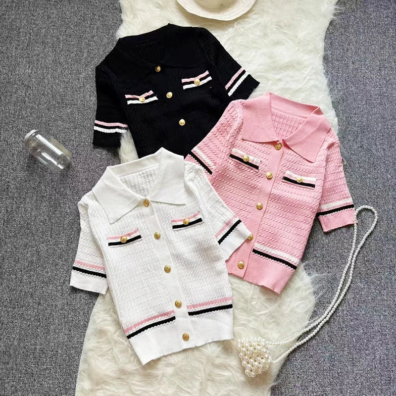 Women'S Casual Summer Knit Cardigan with Color Block Design Short Sleeve Polo Neck Morning Routine Top Ladies Cardigan