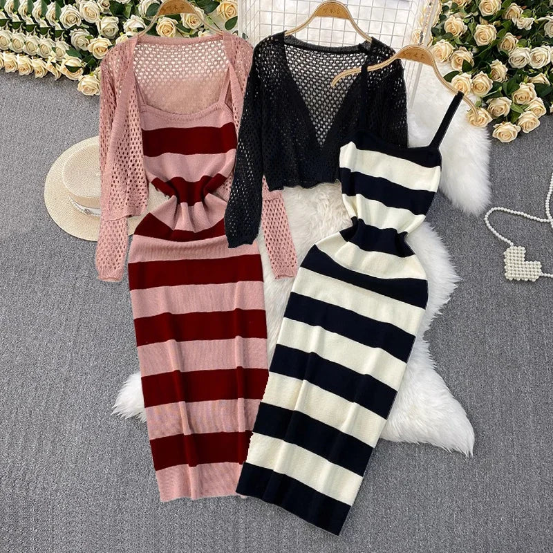 2025 New Summer Women Hollow Out Knitted Solid Cardigan Tops + Elatic Waist Bodycon Striped Strap Dress Two Pieces Sets