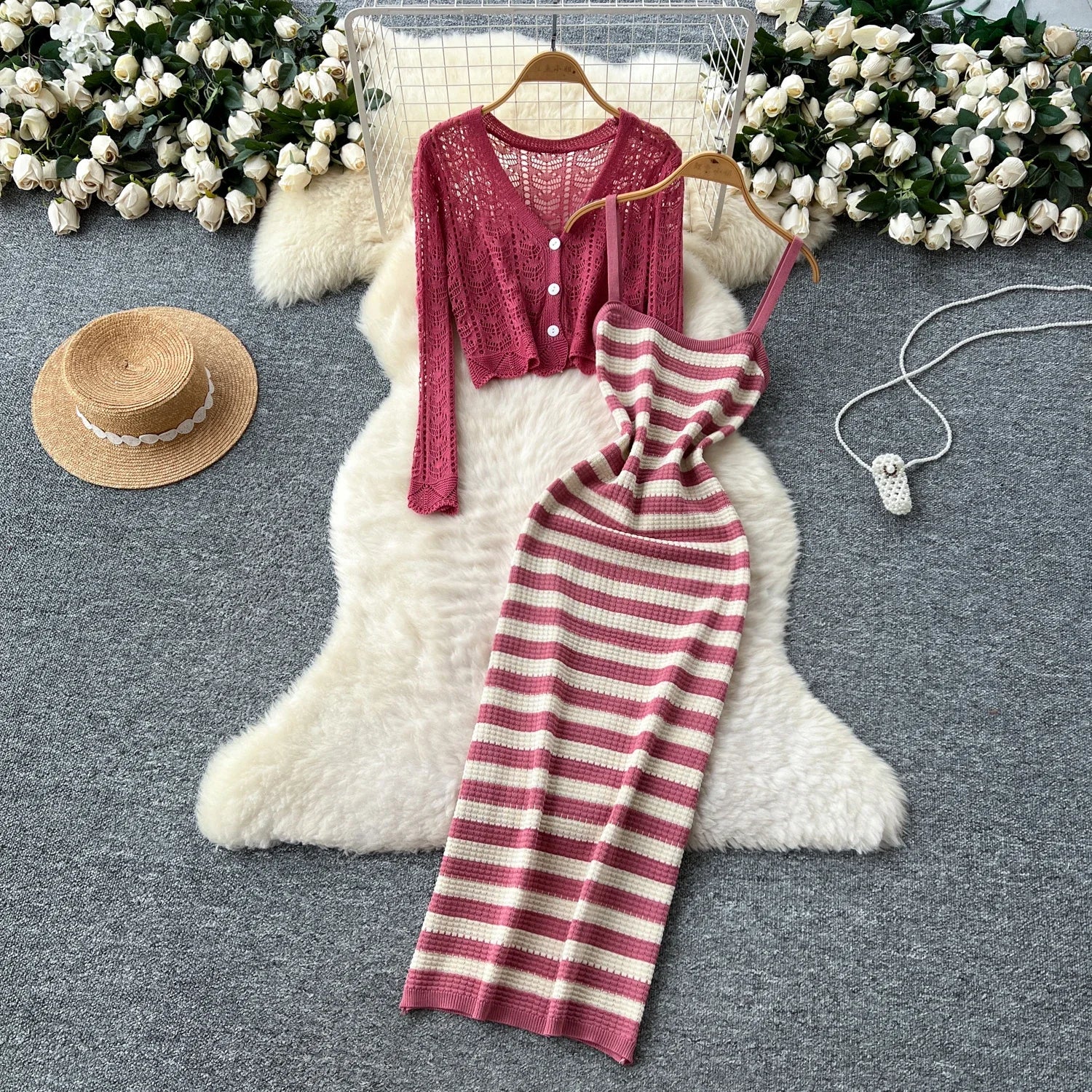 2025 New Solid Two piece set Hook flower hollow striped sweet Dress Women Fashion Summer Skirt  women clothing
