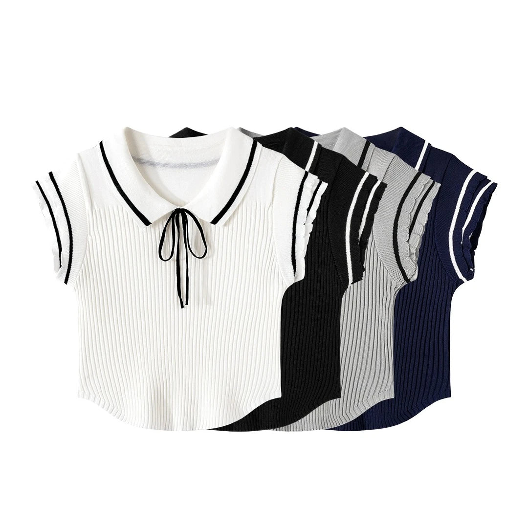 2026 New Summer Women Korea Fashion Polo Collar Flying Sleeve Knitted T-shirt Hit Color Bow Lace Up Solid T-shirt Tops