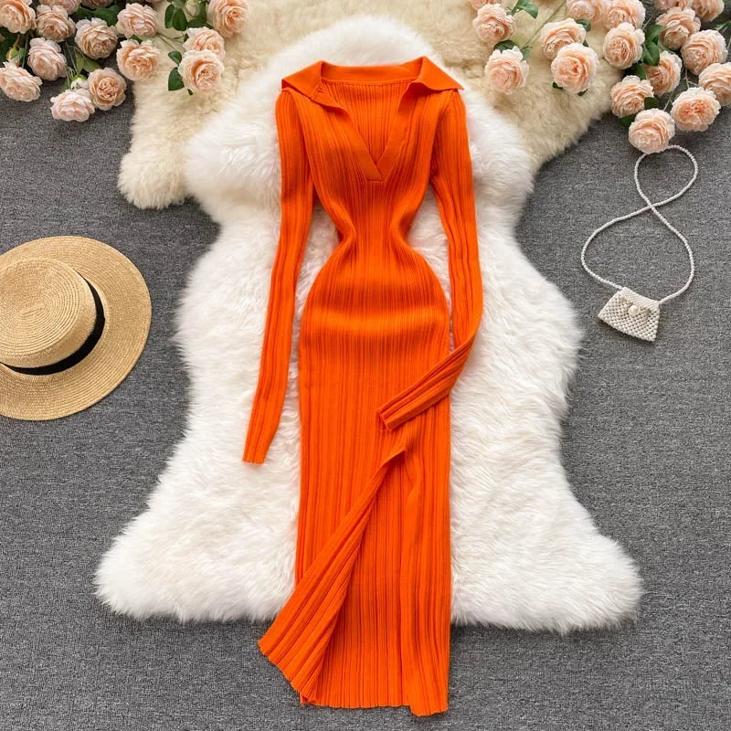Women Korean Knitted Dress Long Sleeve Turn Down Collar Elastic Slim Pencil Dresses Autumn Sexy Bodycon Split Sweater Dress