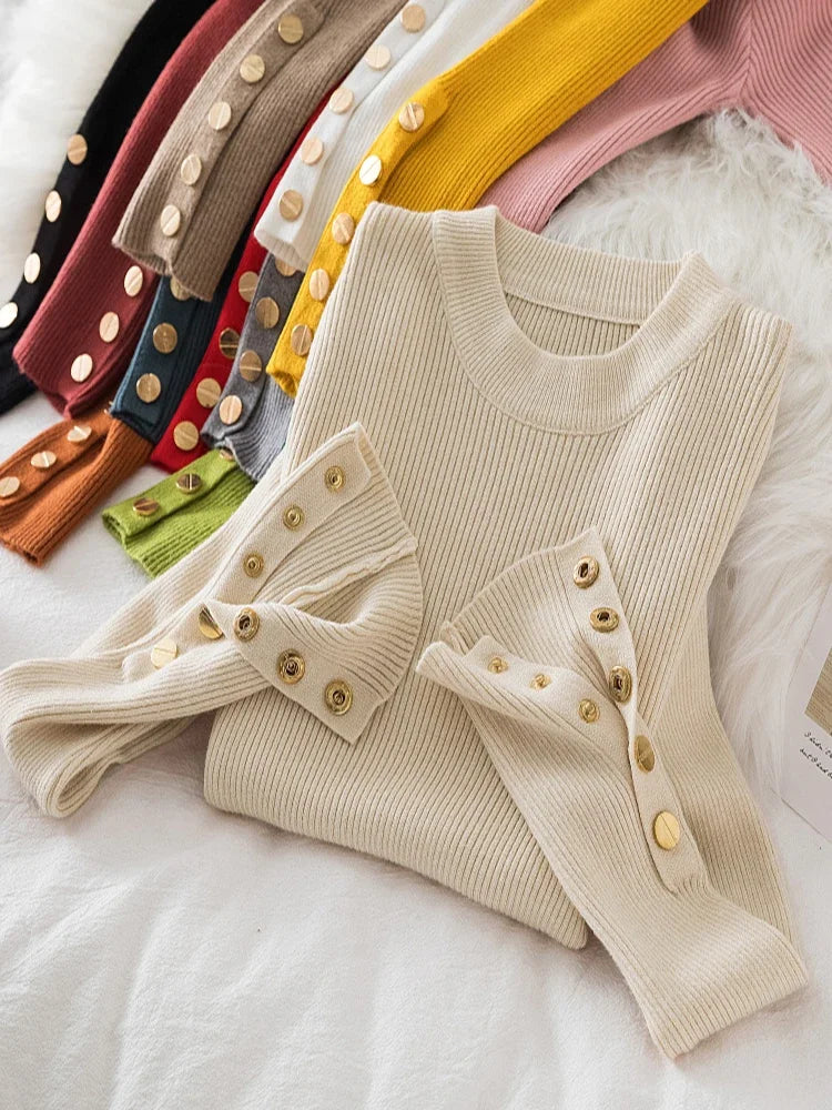 2026 women thick sweater pullovers khaki casual autumn winter button o-neck chic sweater female slim knit top soft jumper tops