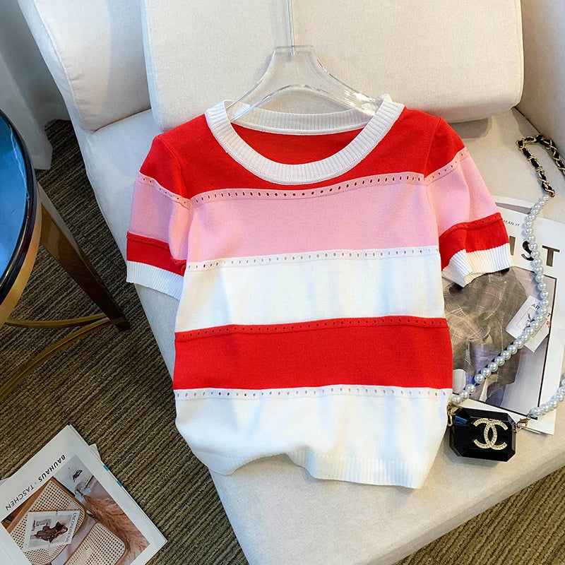 2026 New Strip Rainbow Hollow Out Crew Neck Pullover Sweater Versatile Short Sleeve Knitted Top For Spring & Women's Clothing