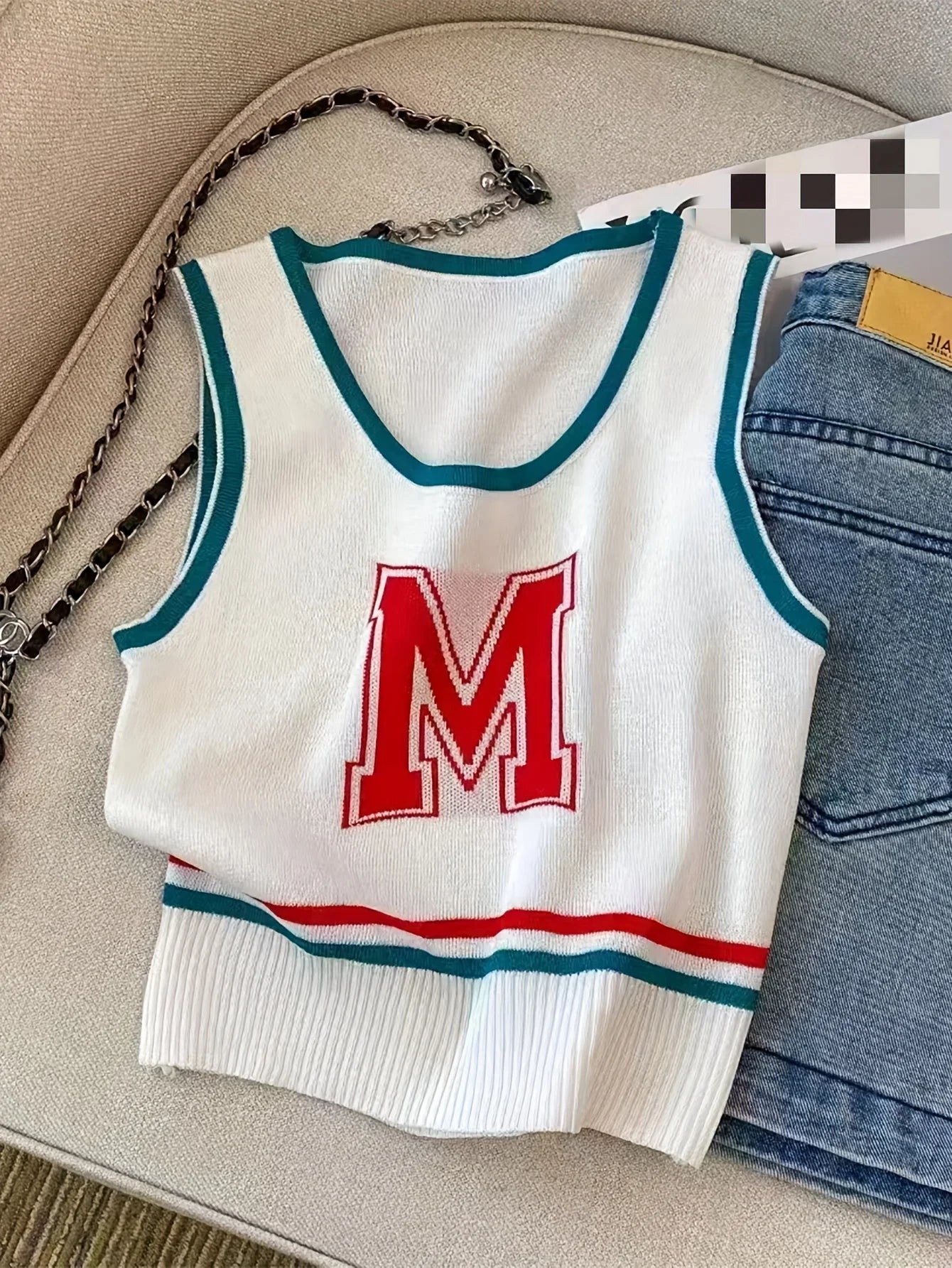 Woman Fashion Sweater Contrast Letter M Knitted Short Vest Sleeveless Ribbed Clothing for Woman Casual Summer Crop Top
