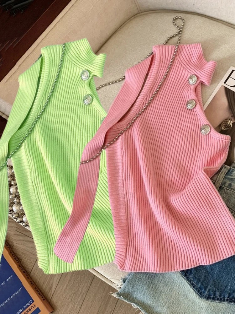 2025 New Summer Women Slash Collar Off Shoulder Knitted Camisole Button Decoration Asymmetric Design Short Camisole Tops