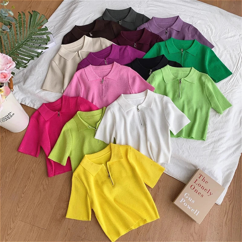 2025 New Pink Solid Zipper Sweater Versatile Short Sleeve Knitted Top For Spring & Summer Women's Clothing Crop Top