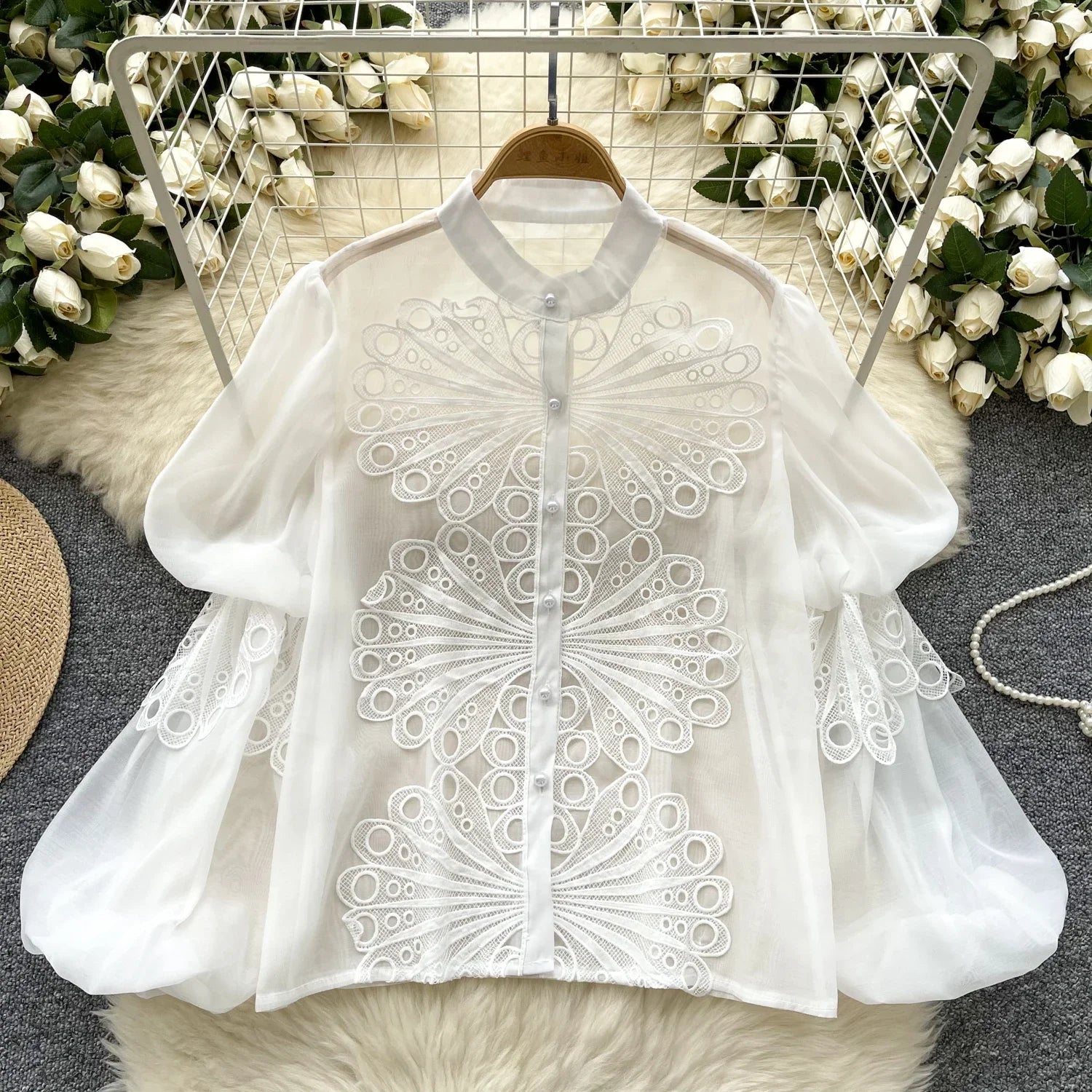 New French Chic Women Blouse Embroidery Hollowed Out Lace Spliced Shirt For Women Versatile Stand Collar Long Sleeve Clothing