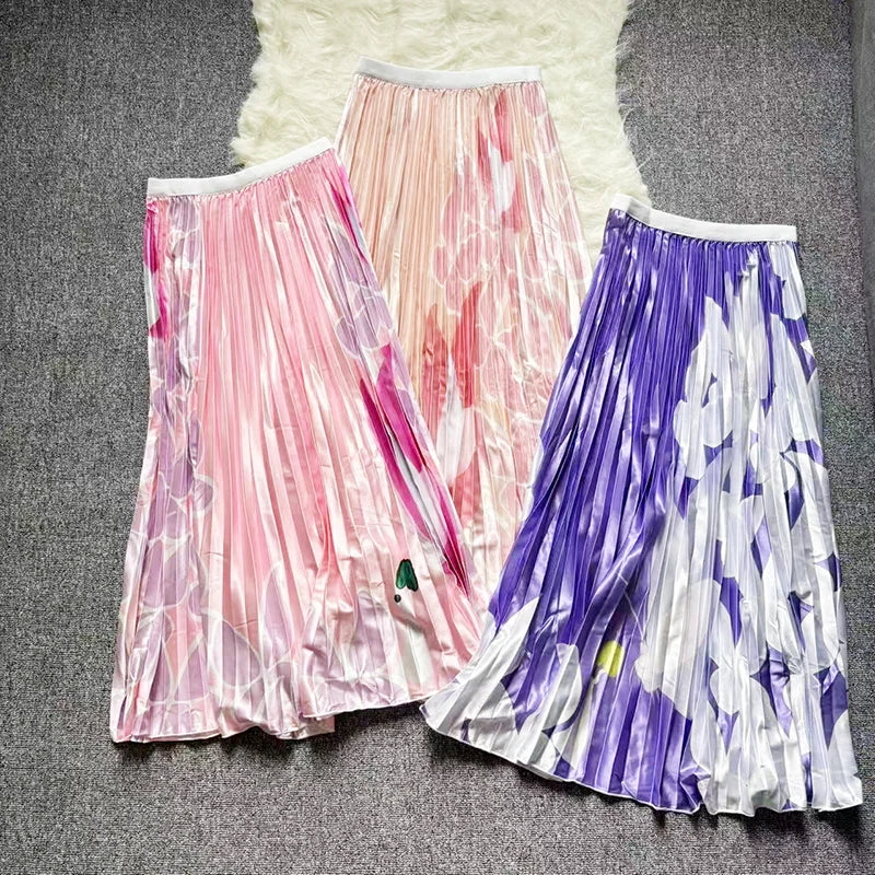 Irregular Pleated A-line Skirt For Women High Waist Print Color Loose Fashion Skirts Casual 2025 Spring New