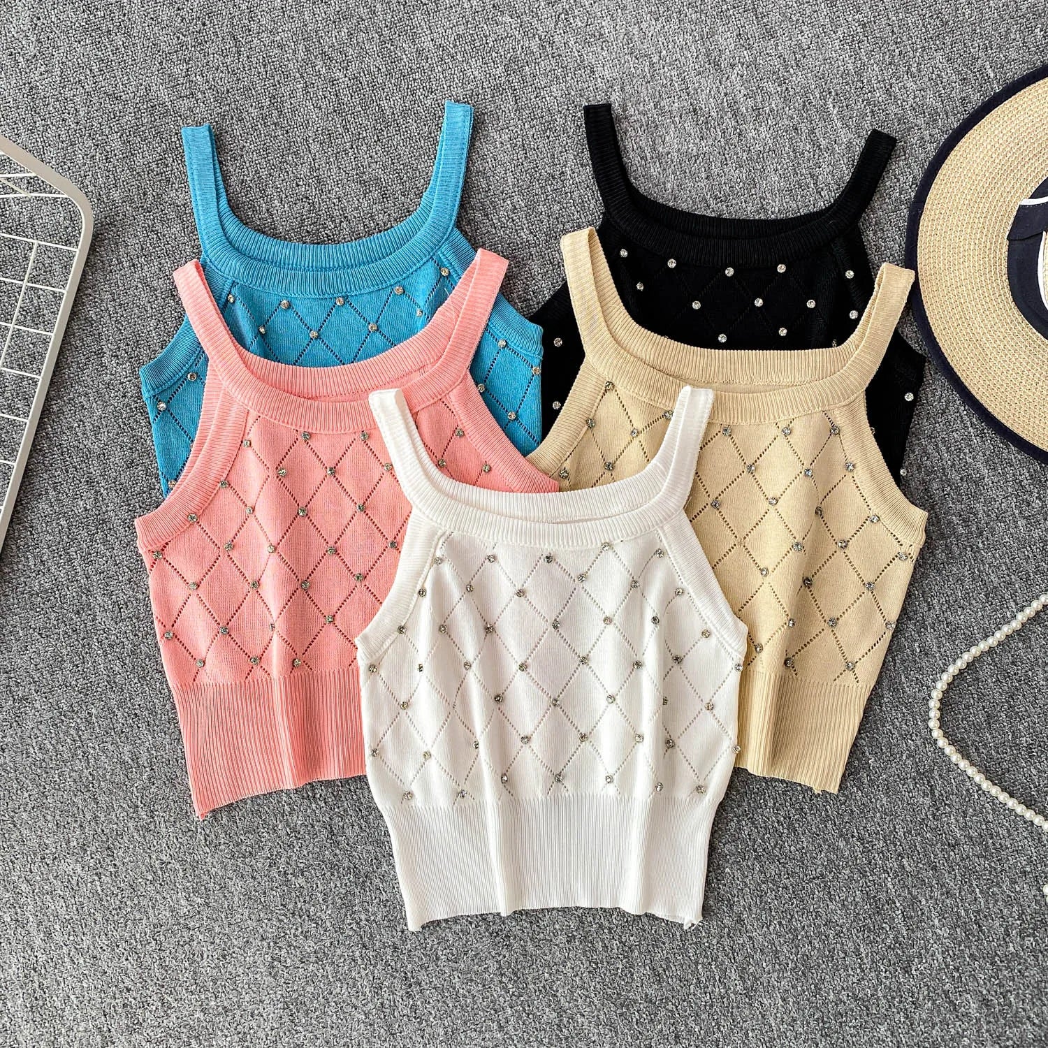 2026 New Women Casual O-Neck Sleeveless Knitted Camisole Solid Color Rhinestone Eyelet Spaghetti Tank Tops Sweater Vest