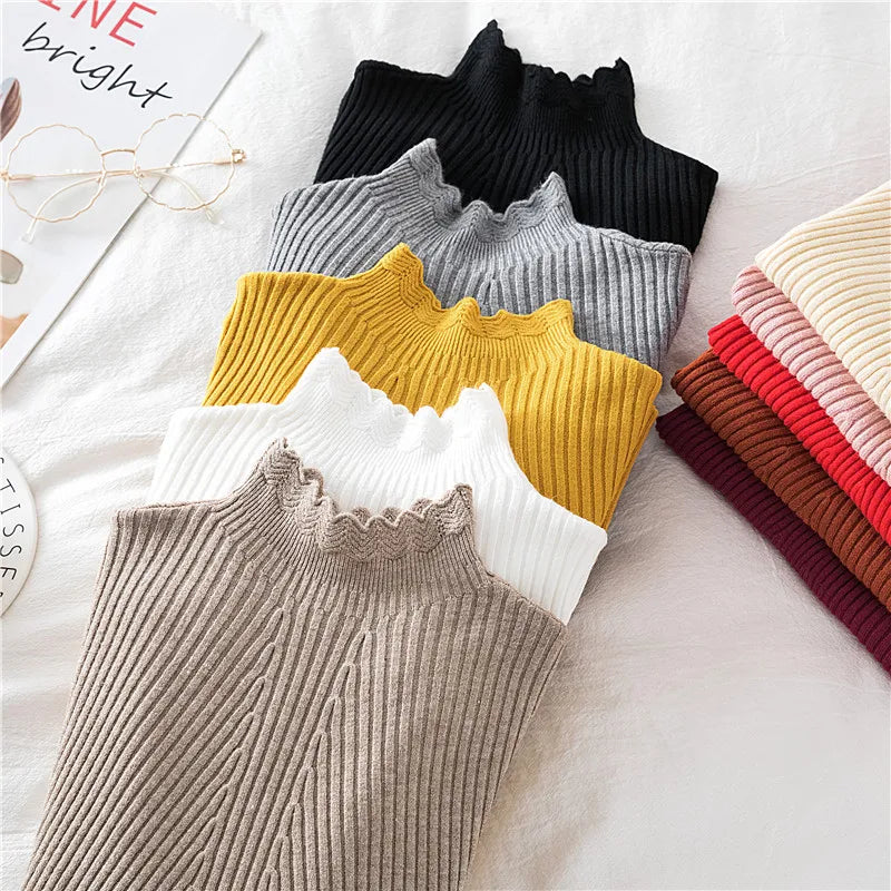 2026 Female Slim Korean Knitwears Tops Autumn Winter Pullovers Women Hollow-out Sweaters Long Sleeve Turtleneck Sweater