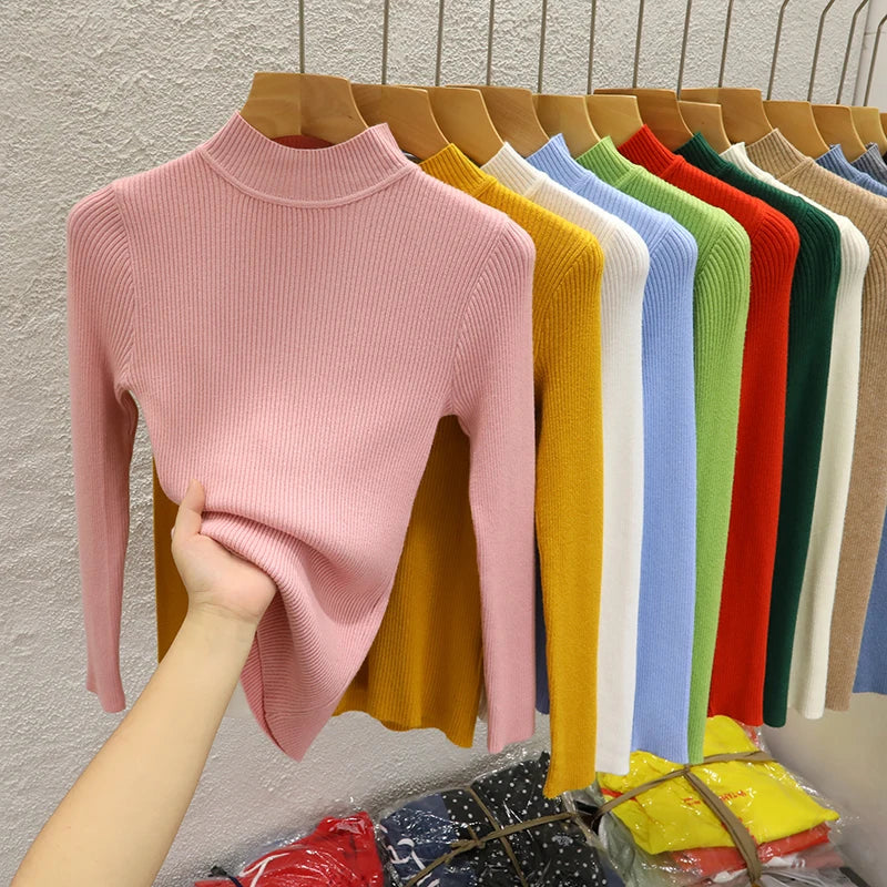 2026 Women Sweater Autumn Winter Solid Mock-neck Pullover Casual Knitwear Female Clothing Basic Soft Tops