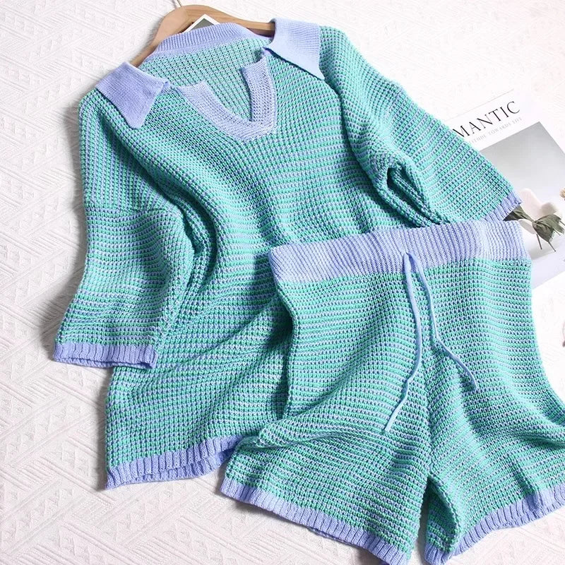Casual Fashion Loose Short-sleeved Knitted Tops Drawstring Shorts Contrast Color Striped Knitted Two-piece Set for Women