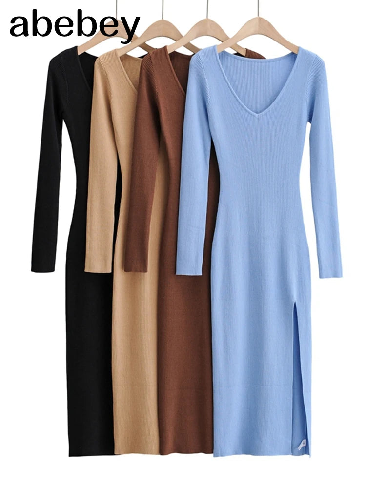2026 New Basic Fashion Women Elastic Solid Elegant V Neck Sweater Dress Long Sleeve Ladies Side Open Midi Long Dress