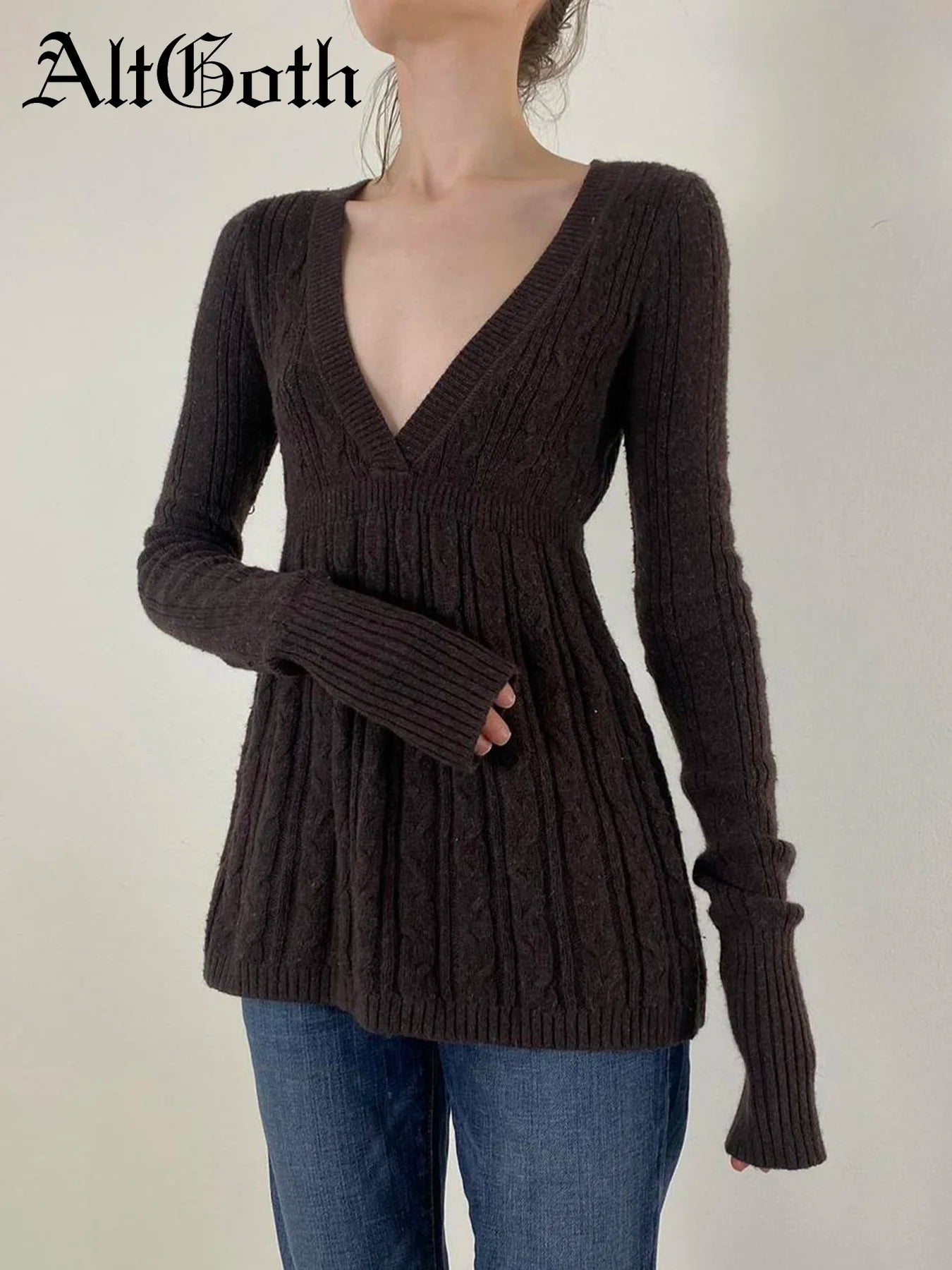 AltGoth Y2k Vintage Warm Sweater Women Pastel Goth Soft Grunge Sweet Cute Long Sleeve V-neck High Waist Knitted Pullover Female