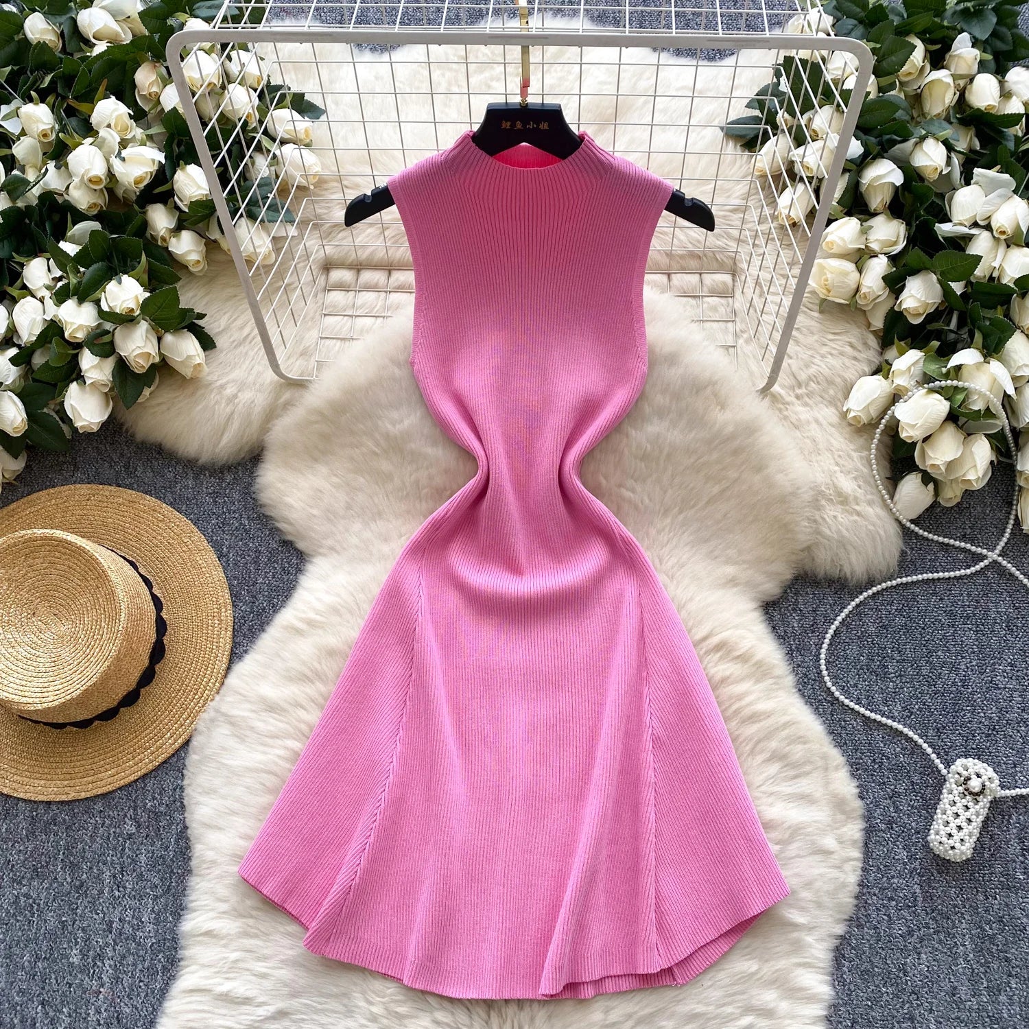 2025 New Simple Style Sweater Dress Sleeveless Half High Collar Sundress Elastic Short Fashion Knitted A Line Ladies Mini Dress