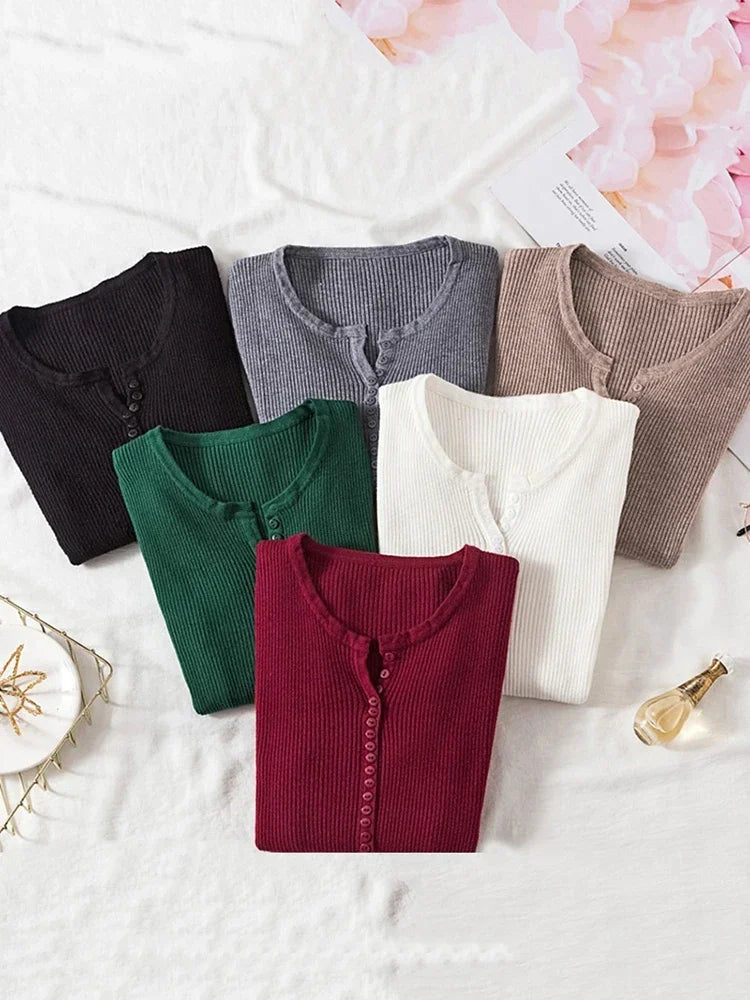 2026 Autumn Winter Button V Neck Sweater Women Basic Slim Pullover Women Sweaters And Pullovers Knit Jumper Ladies Tops