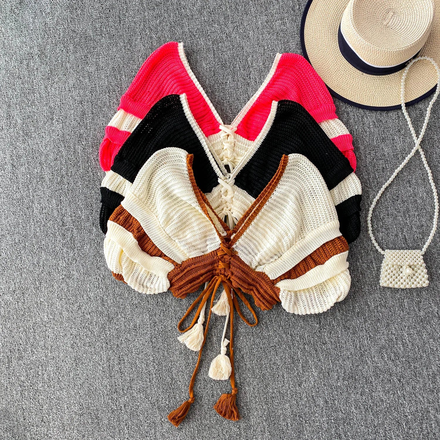 2025 New Women Vintage Deep V-neck Lantern Sleeve Knitted Tops Drawstring Waist Lace Up Bow Hit Color Short Tops Sweater Outfits