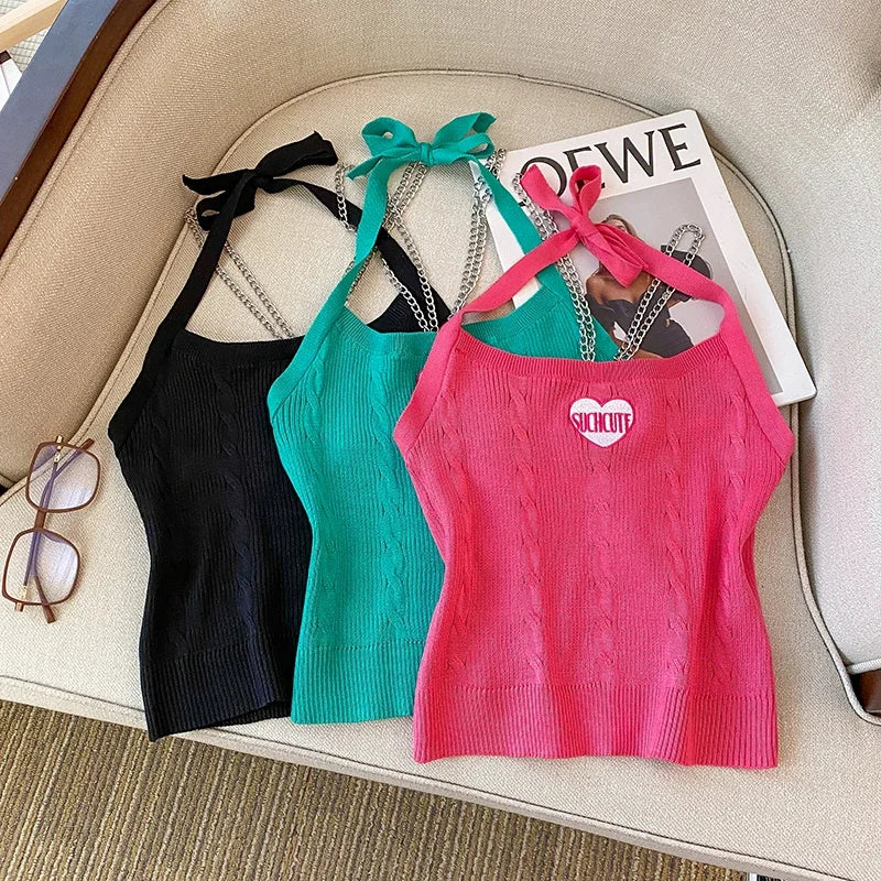 2025 New Summer Women Hotsweet Chains Sexy Tops Ribbed Knitted Crop Tops Female Solid Camis Halter Tops FOR Women's Clothing