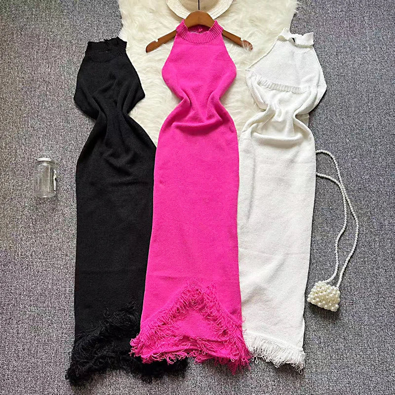 New Knit See Through Women Dress Irregular Backless Sleeveless Halter Sexy Tassel Hem Clubwear Stretch Hipster Party Vestidos
