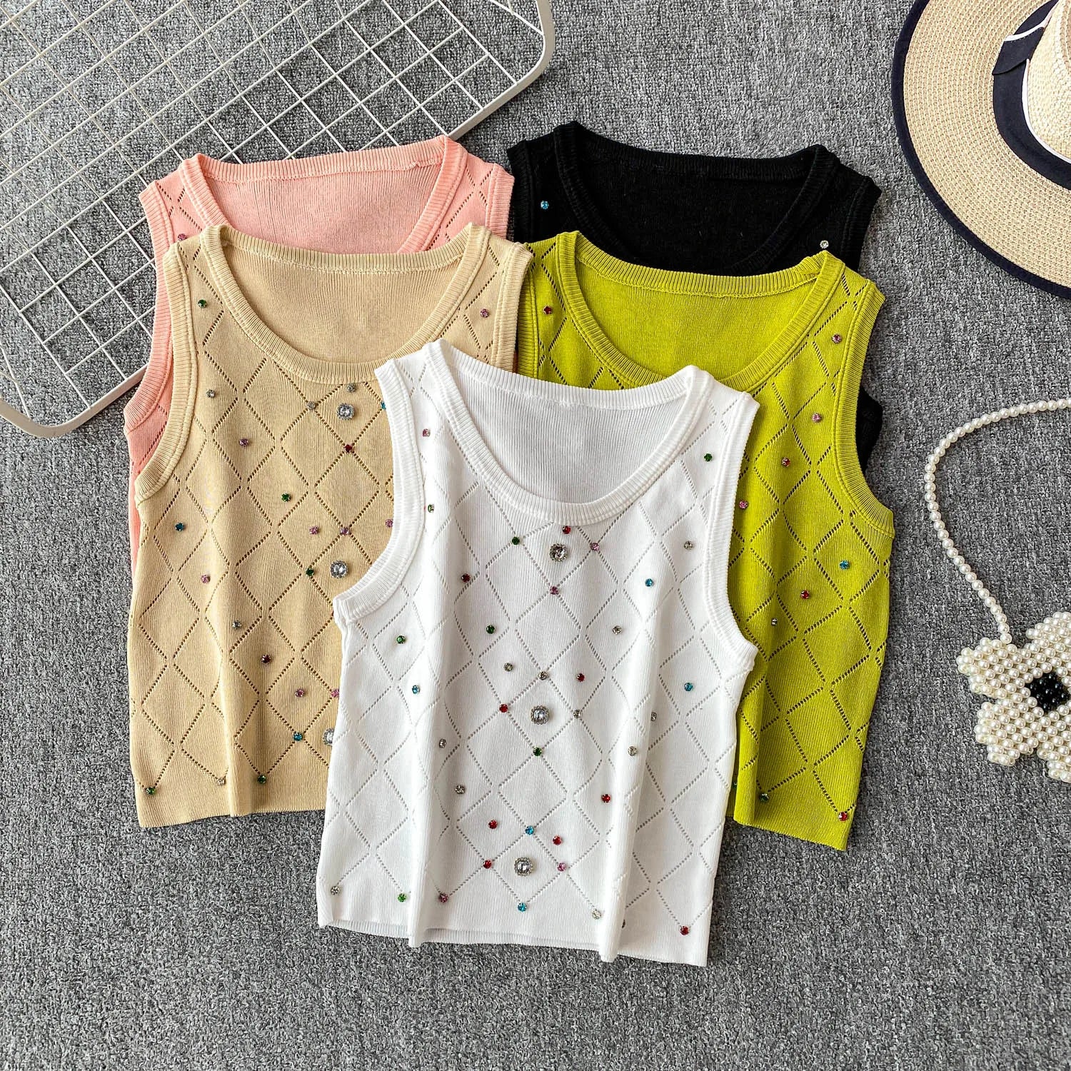 2025 New Summer Women Casual O-neck Sleeveless Knitted Camisole Colorful Rhinestone Eyelet Diamonds Crop Tank Tops