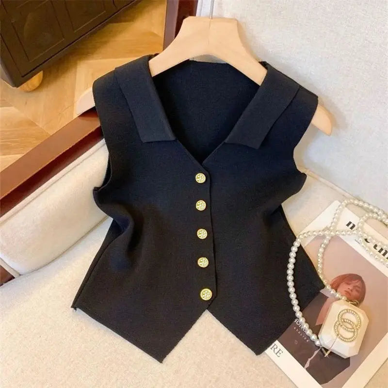 Chic Vests Elegant Waistcoat V-neck Top Casual Suit Coats Outwear Sleeveless Slim Knitted Vest All-match Streetwear For Women
