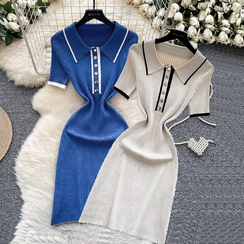 New Summer Buttons Women's Polo Collar Knitted Dresses Colorblock Elegant Short Sleeve Buttons Bodycon Wrap Midi Dress Female
