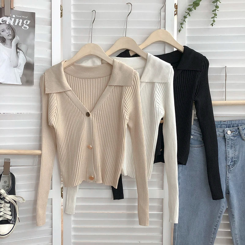 2026 New Autumn Women Turndown Collar Long Sleeve Knitted Sweaters Single Breasted Solid Color Slim Short Cardigans Tops