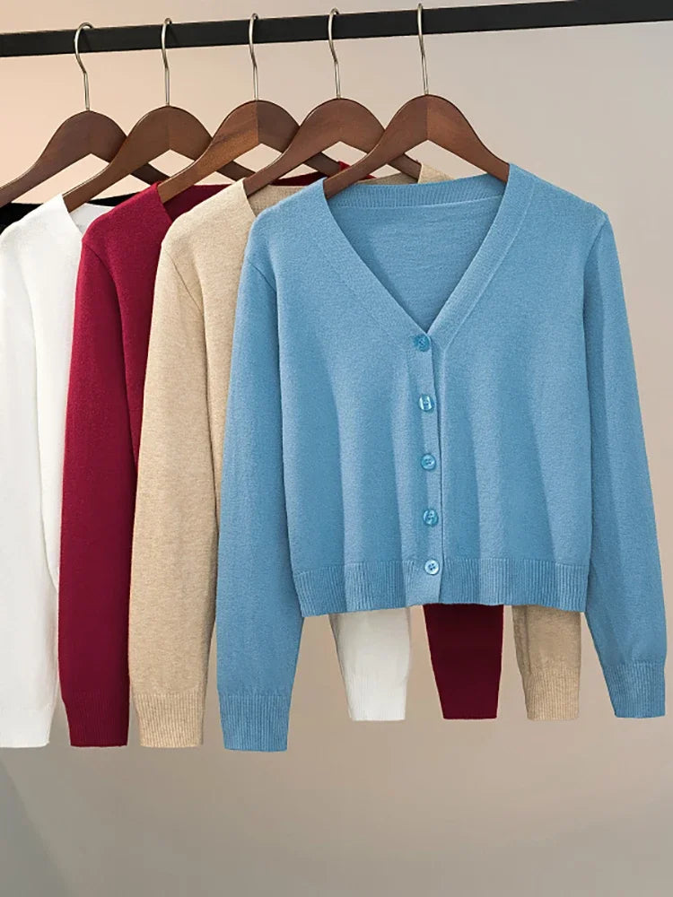 Sweater Knitted Cardigan Button Jacket 2025 Autumn Winter V-neck Long Sleeve Casual Short Tops For Women Sweater