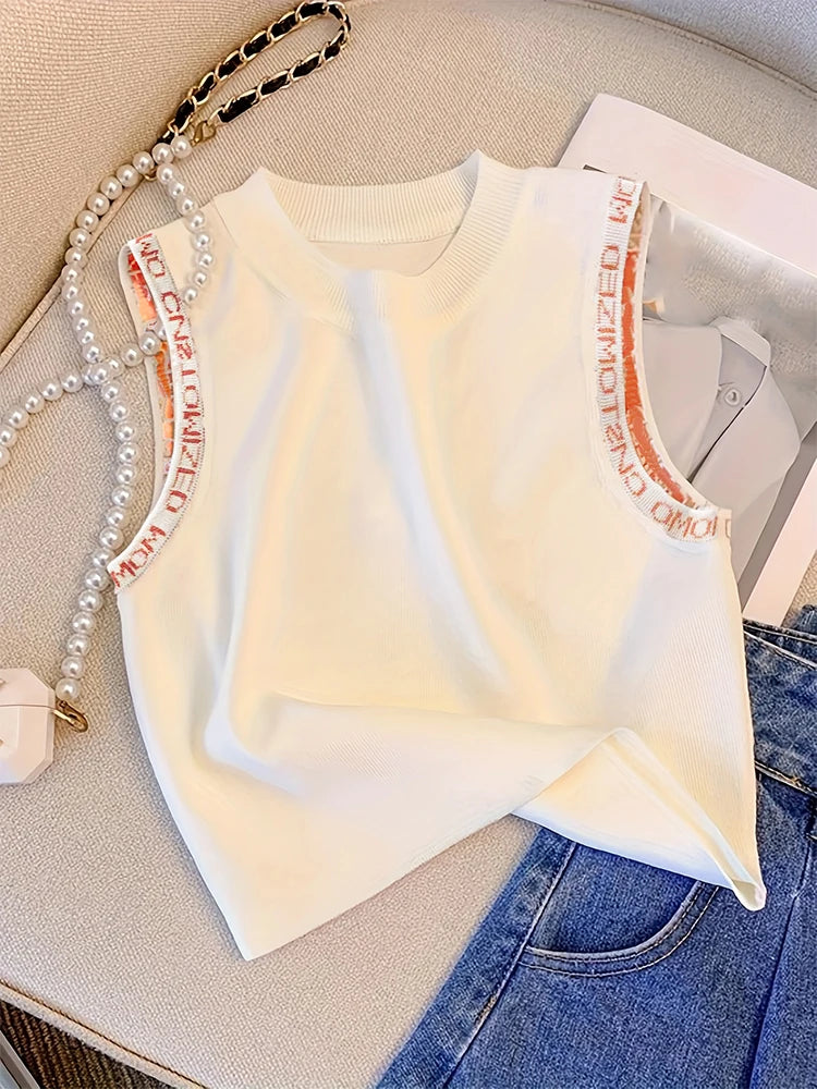 Chic Summer White Knit Tank Top for Women Chic Sleeveless Vest Ribbed Neckline Letter Casual Vacation Outfits Minimalist Glossy