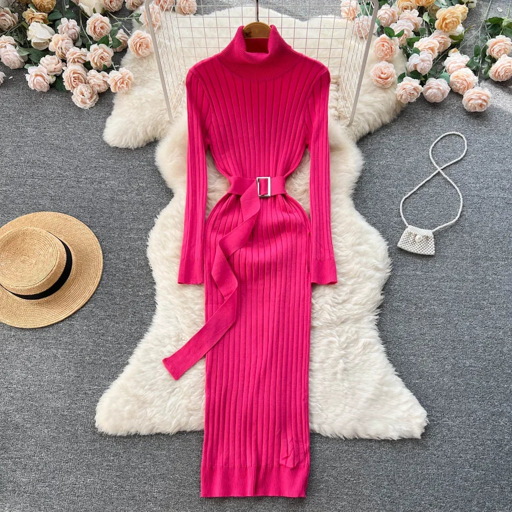 Green Winter Turtleneck Sexy Women Dress Autumn Long Sleeve Skinny Maxi Boydcon Casual knitted Sweater With Belt Party Club