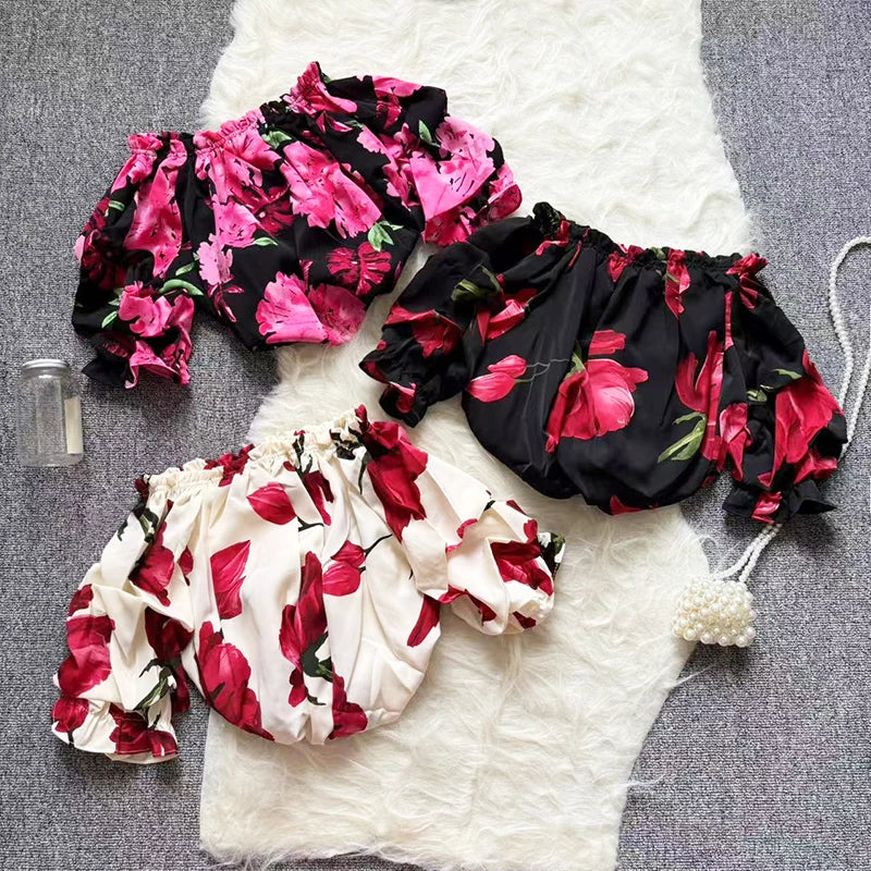 New Sweet Broken Flower Slash Neck Women Blouse Short Sleeve Design Slim Elastic Waist Top Cute Chiffon T-shirt Summer