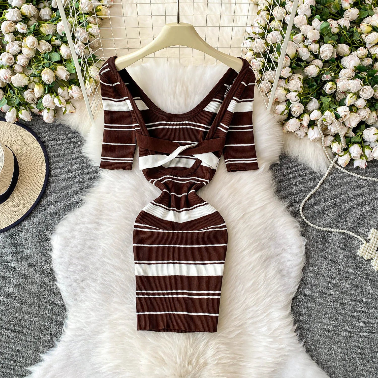 2025 New Summer Women Deep V-neck Short Sleeve Knitted Dress Elastic Cross Bandage Backless Design Striped Short Bodycon Dress