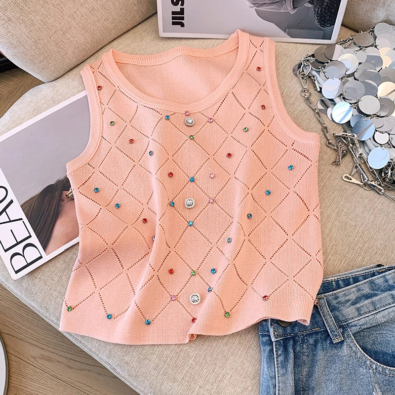 New Colorful Rhinestone Eyelet Tank Top Casual Crew Neck Sleeveless Knitted Cami Top For Spring Summer Women's Clothing Crop Top