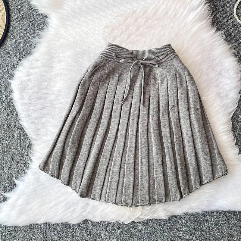 2025 New Summer Women High Waist Knitted A-line Skirt Bow Lace Up Waist Slim Bodycon Solid Color Short Pleated Skirts
