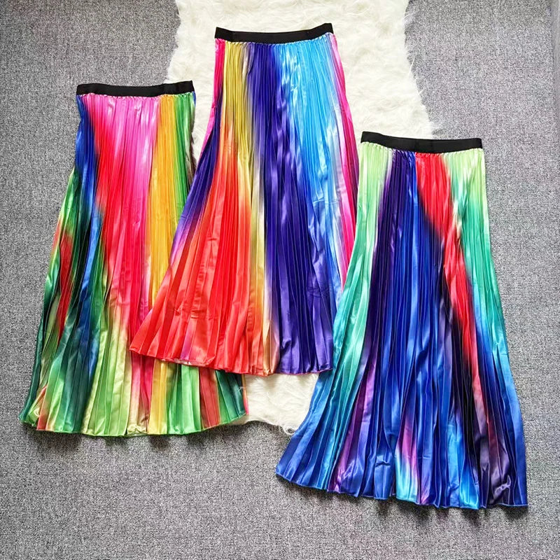 New Summer Elegant Rainbow Floral Printing Long Skirt Women Sexy High Waist Midi Skirts Office Lady Bodycon A Line Skirts