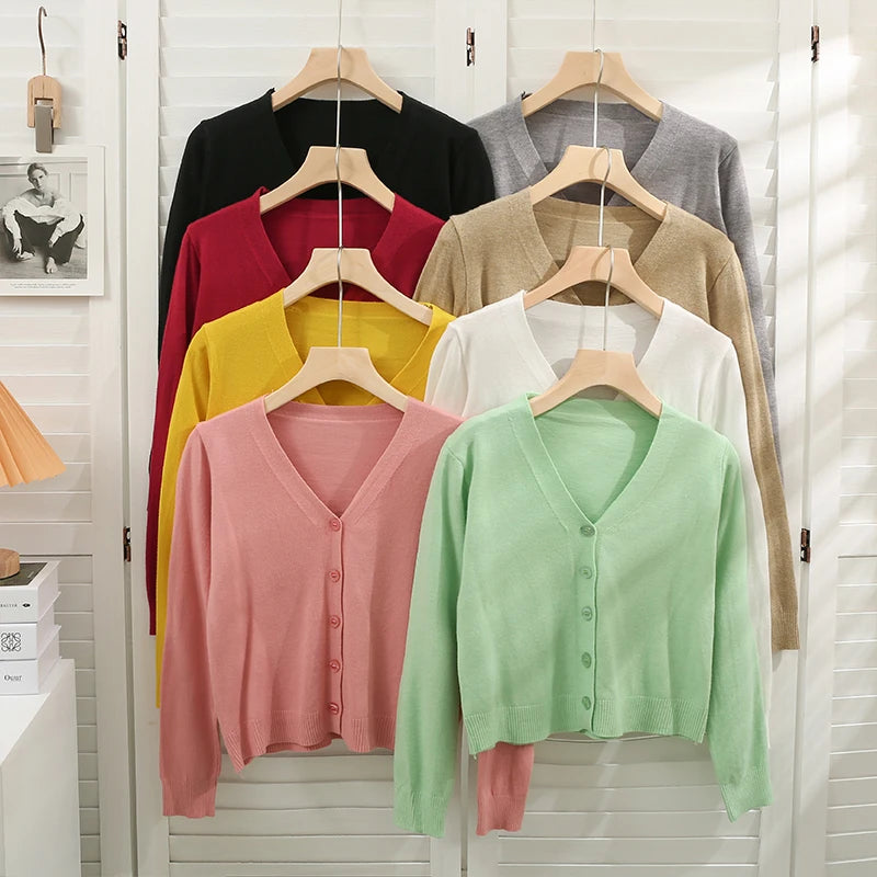2026 New Autumn Women V-neck Long Sleeve Knitted Cardigan Single Breasted Solid Color Multi Slim Short Cardigan Tops
