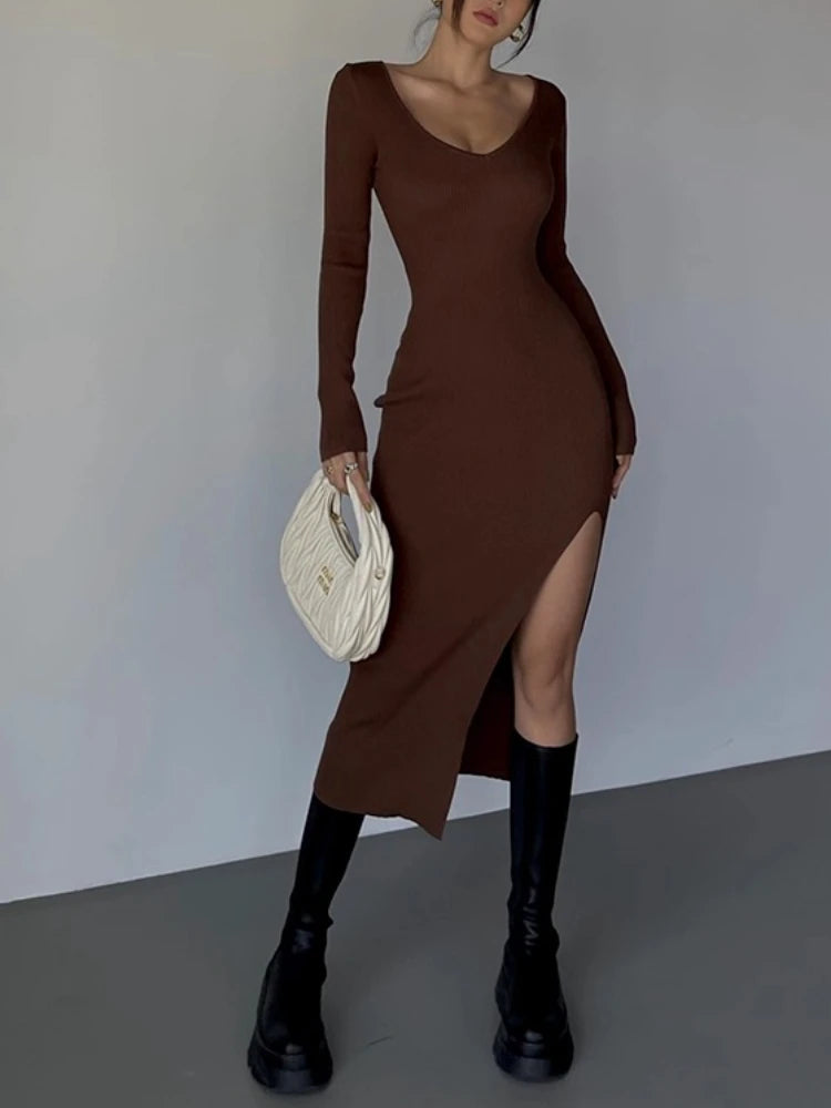 Fashion Vintage Big V-neck Long Sleeve Knitted Dress High Waist Slim Bodycon Solid Color High Split Wrap Dress Female