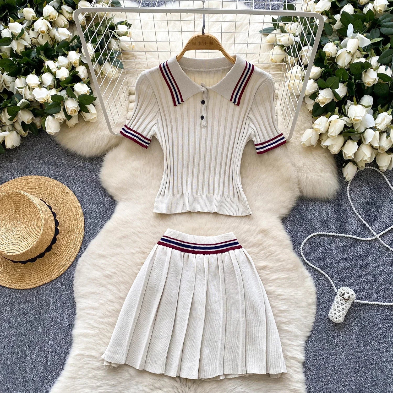 New Korean College Style Knit 2pcs Suit Polo Neck Short Sleeve Tops+Pleated Skirt Women Summer Color Block Vintage Set