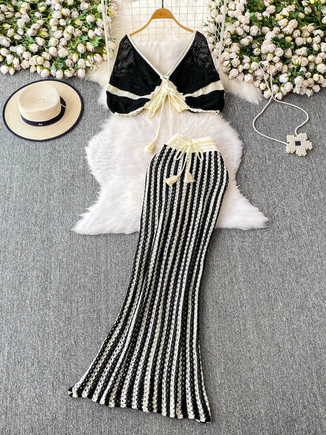 2025 New Summer Women Deep V-neck Short Sleeve Knitted Tops + High Waist Lace Up Striped Long Wrap Skirt Two-piece set