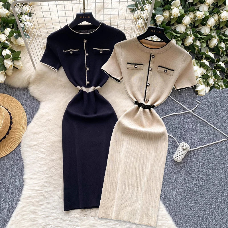 New Spring Summer Sexy Short Sleeve Knitted Dress Sheath High Waist Bodycon Skirt Color Block Design Korean Mini Dresses