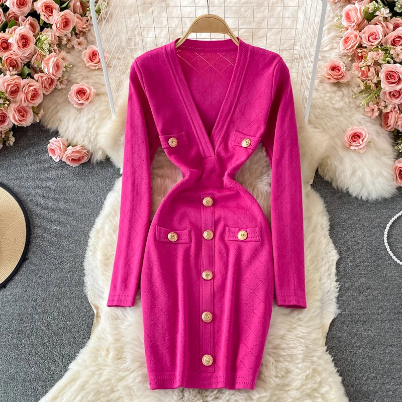 2026 New Autumn Women V-neck Long Sleeve Knitted Dress Button Decoration High Waist Slim Bodycon Sweater Wrap Dress