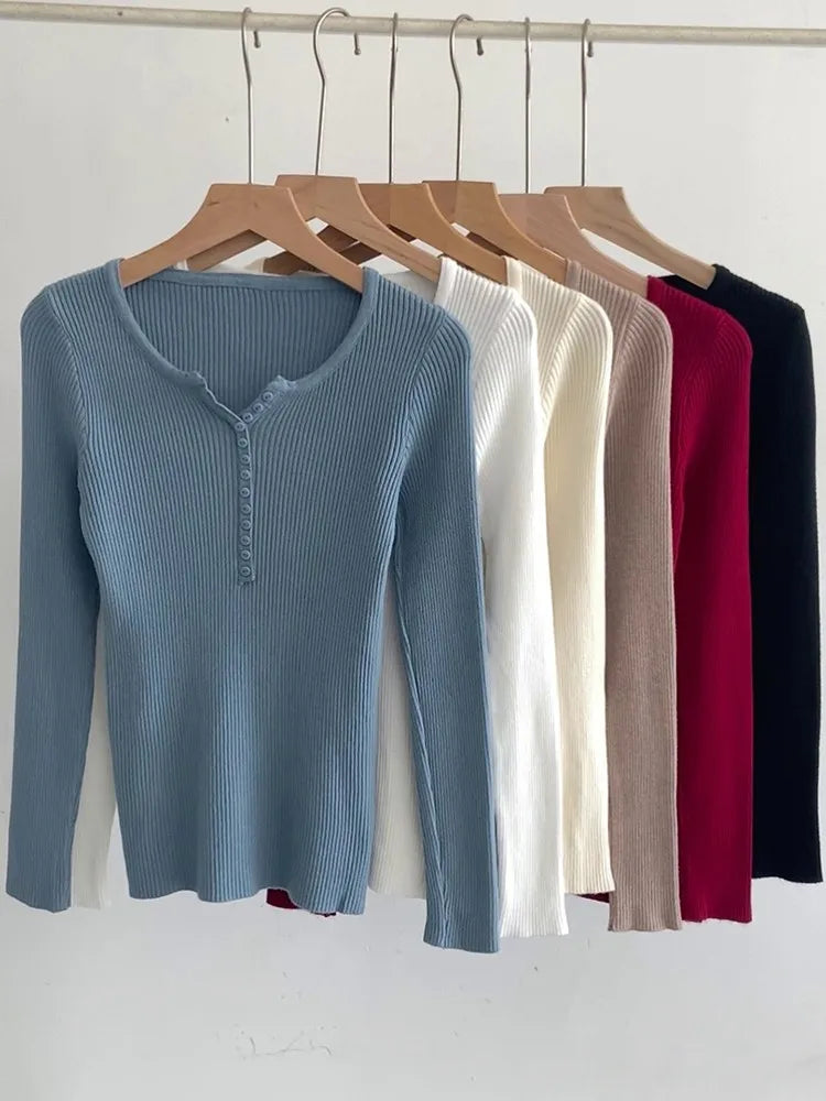 2026 Autumn Winter Button V Neck Sweater Women Basic Slim Pullover Women Sweaters And Pullovers Knit Jumper Soft Warm Tops